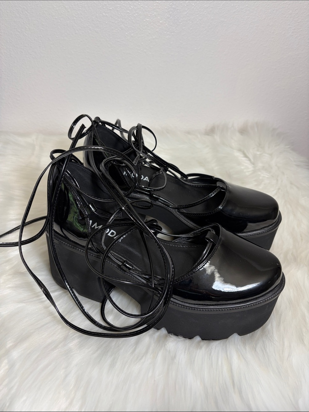 Black Platform Tie Chunky Heel Shoes